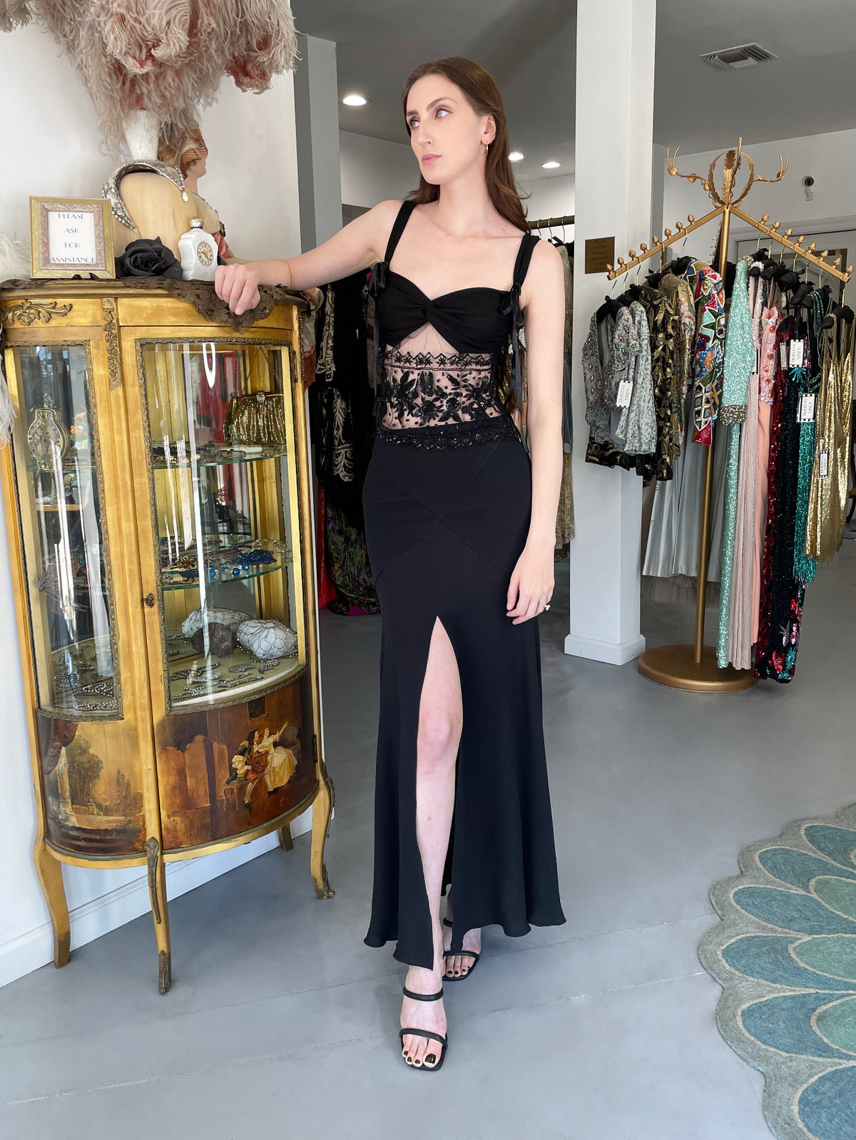 2004 Valentino Runway Black Silk Beaded Sheer Cut-Out Blouse &amp; Bias-Cut Skirt Set