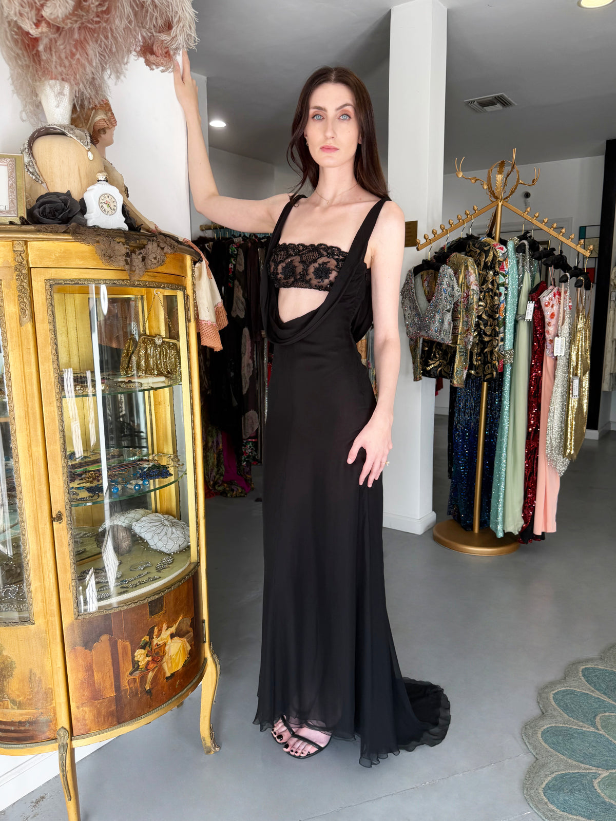 2004 Valentino Runway Beaded Bralette Draped Sheer Silk Cut-Out Gown