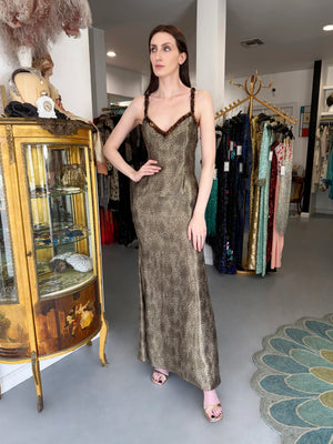 1998 Valentino Runway Semi-Sheer Leopard Print Shimmer Silk Beaded Slip Gown