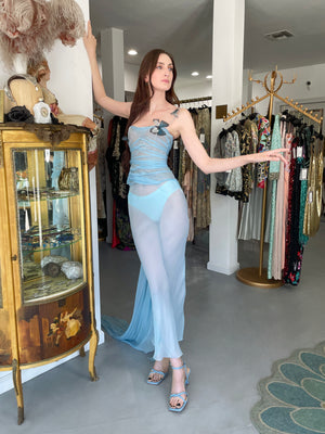 1998 Dolce & Gabbana 'Stromboli Collection' Hand-Painted Butterflies Blue Silk Corset Gown