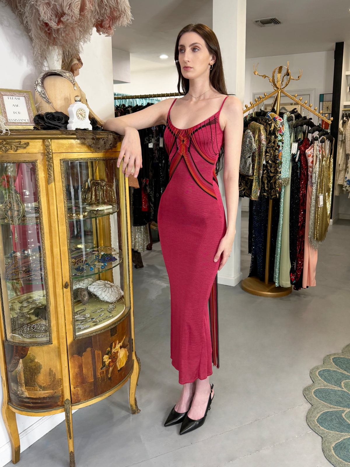 2003 Christian Dior by John Galliano Burgundy Red Stretch-Knit Draped Strings Maxi Dress