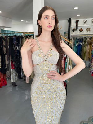 2012 Versace Runway Gold Studded Pale Dove Gray Silk Jersey Hourglass Gown