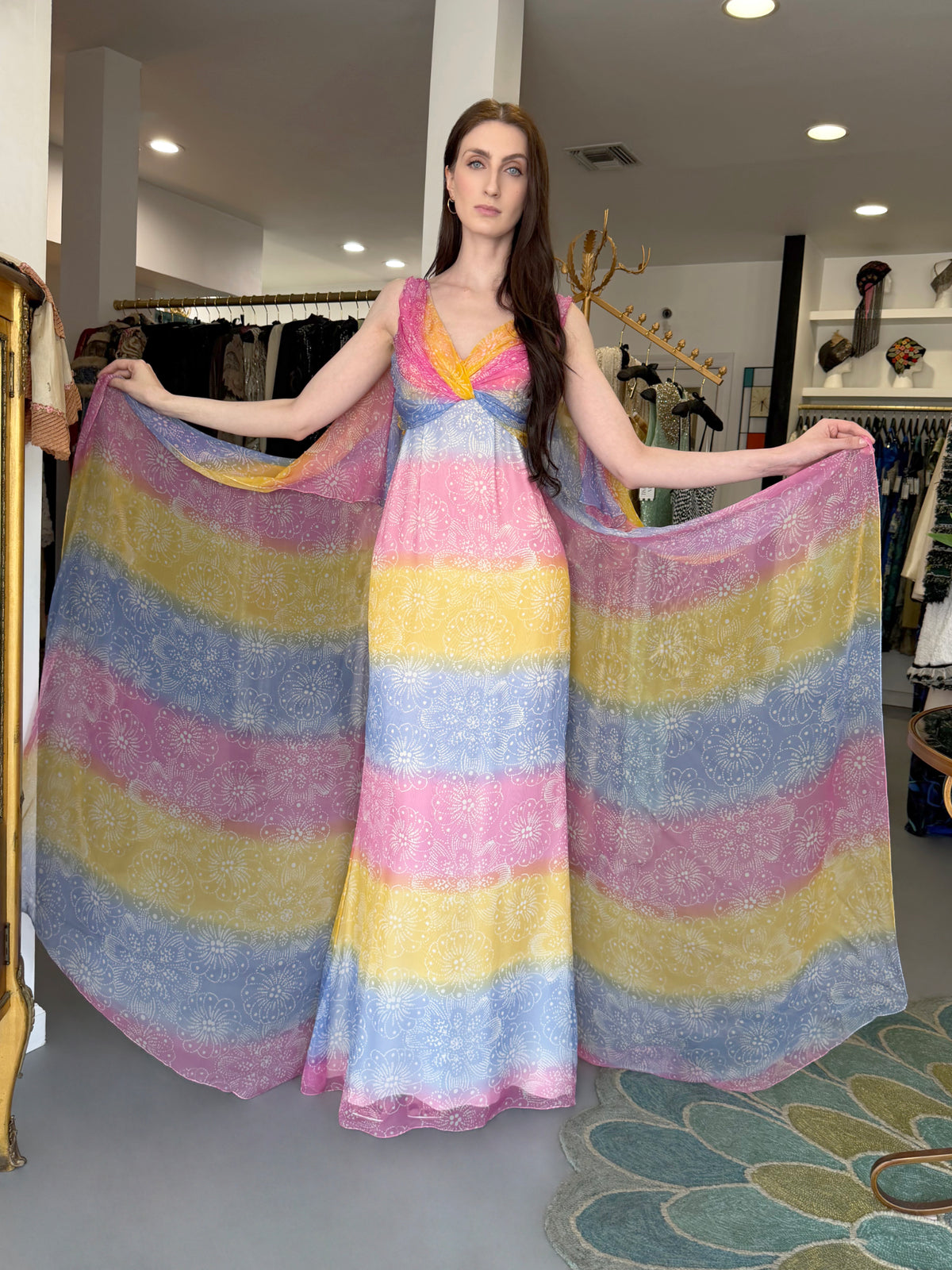 2008 Christian Dior by John Galliano Resort Collection Colorful Silk Draped Cape Goddess Gown