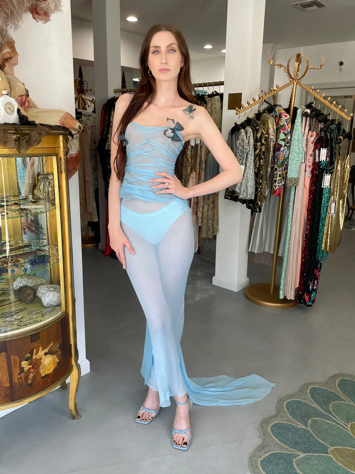 1998 Dolce &amp; Gabbana &#39;Stromboli Collection&#39; Hand-Painted Butterflies Blue Silk Corset Gown