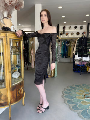 2004 Tom Ford for Yves Saint Laurent Runway Sheer Black Boned Off-Shoulder Hourglass Dress