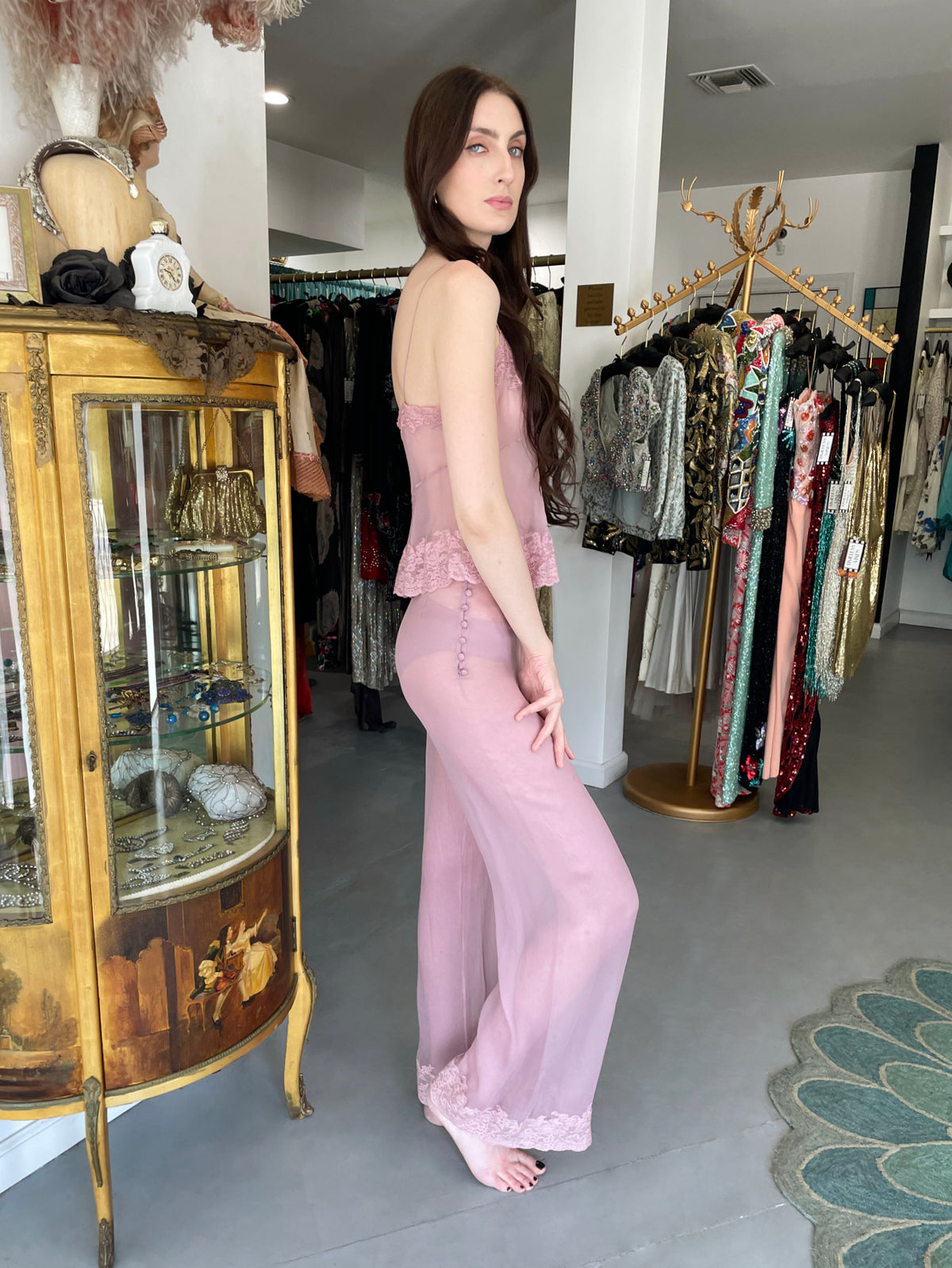 1999 Christian Dior by John Galliano Lilac Sheer Silk &amp; Lace &#39;Lingerie&#39; Camisole Pants Set