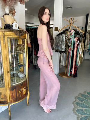 1999 Christian Dior by John Galliano Lilac Sheer Silk & Lace 'Lingerie' Camisole Pants Set