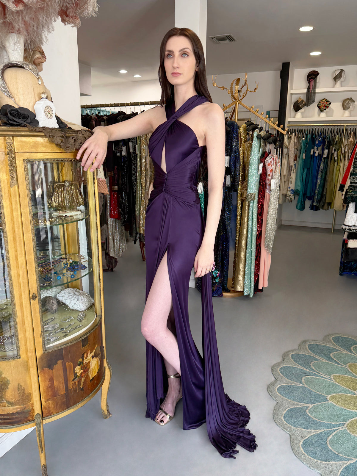 2013 Versace Runway Royal Purple Stretch Jersey Cut-Out High Slit Hourglass Gown