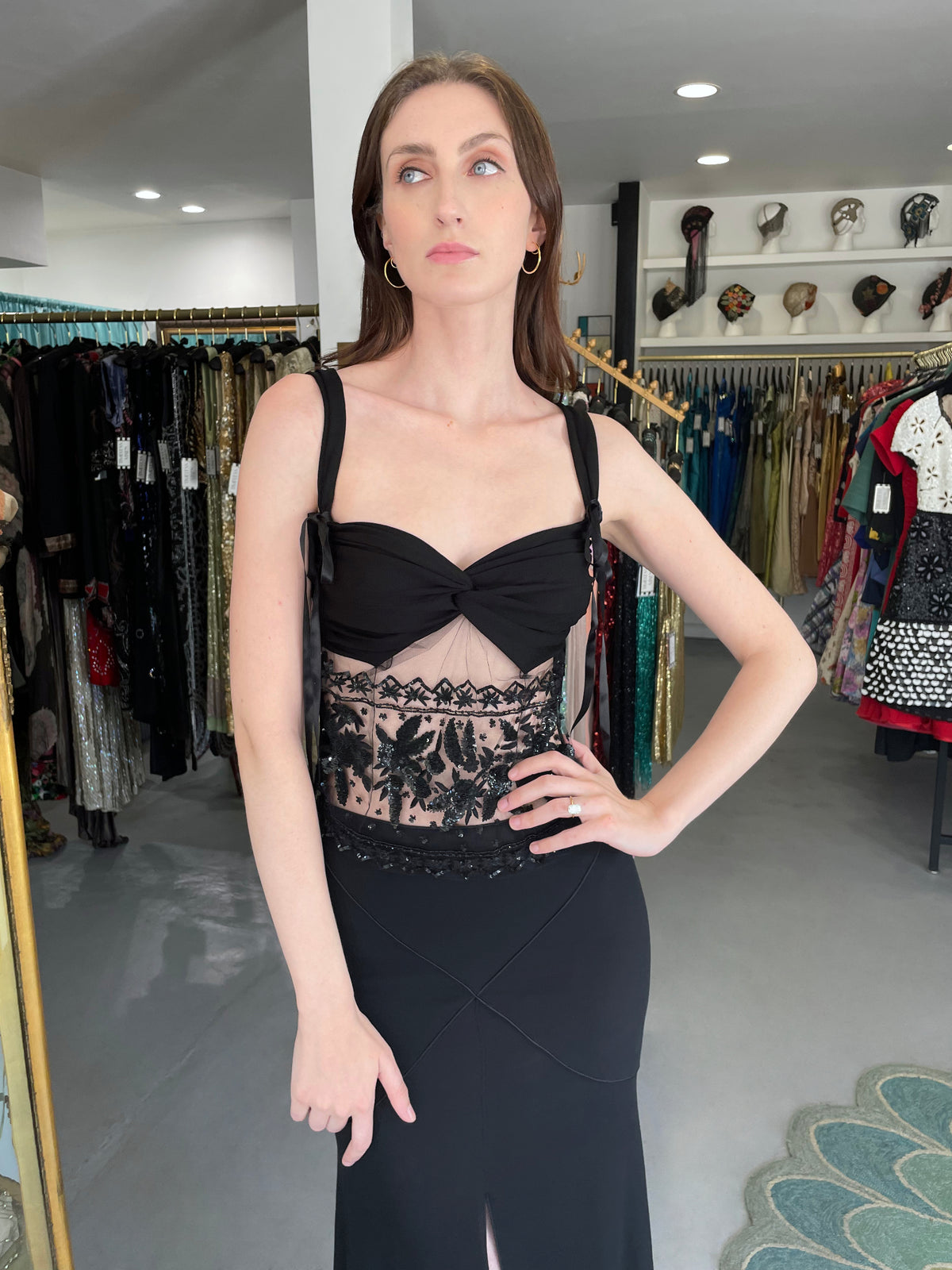 2004 Valentino Runway Black Silk Beaded Sheer Cut-Out Blouse &amp; Bias-Cut Skirt Set