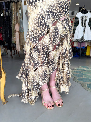 2004 Roberto Cavalli Feather Print Silk Halter Cut-Out Tiered Ruffle Bias-Cut Gown