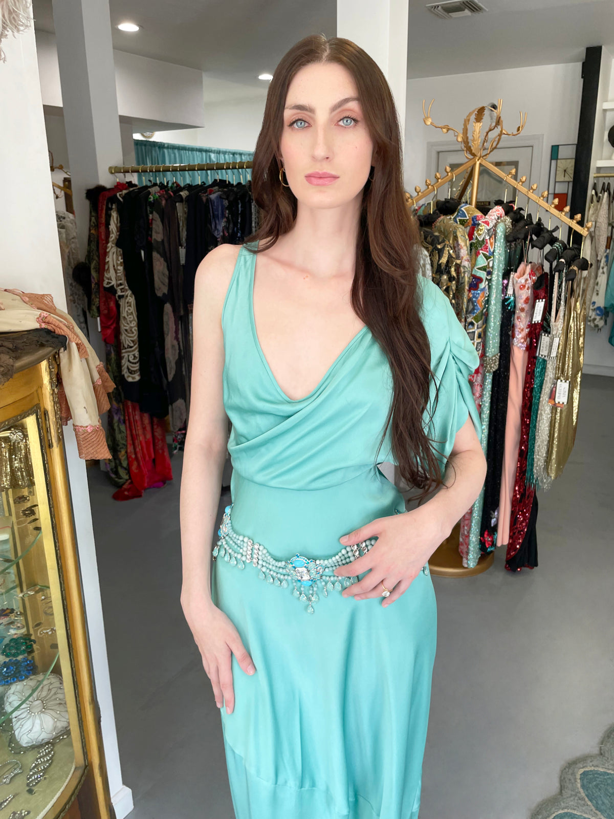 2011 John Galliano Sculpted Tiffany-Blue Silk Asymmetric Draped Goddess Gown