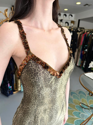 1998 Valentino Runway Semi-Sheer Leopard Print Shimmer Silk Beaded Slip Gown