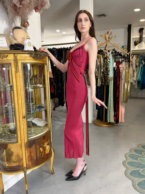 2003 Christian Dior by John Galliano Burgundy Red Stretch-Knit Draped Strings Maxi Dress