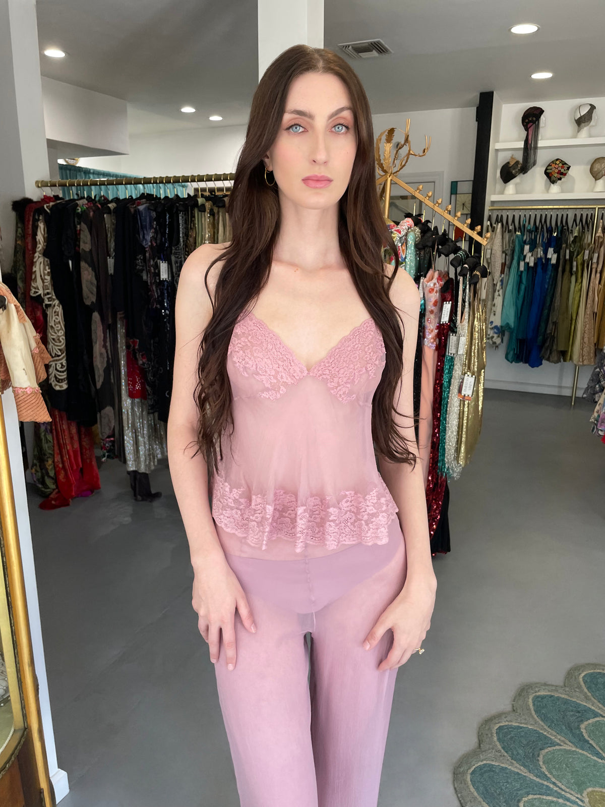 1999 Christian Dior by John Galliano Lilac Sheer Silk &amp; Lace &#39;Lingerie&#39; Camisole Pants Set