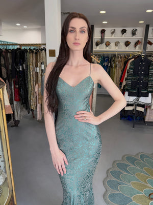 1999 Christian Dior by John Galliano Metallic Teal Blue Lamé Silk Bias-Cut Slip Gown