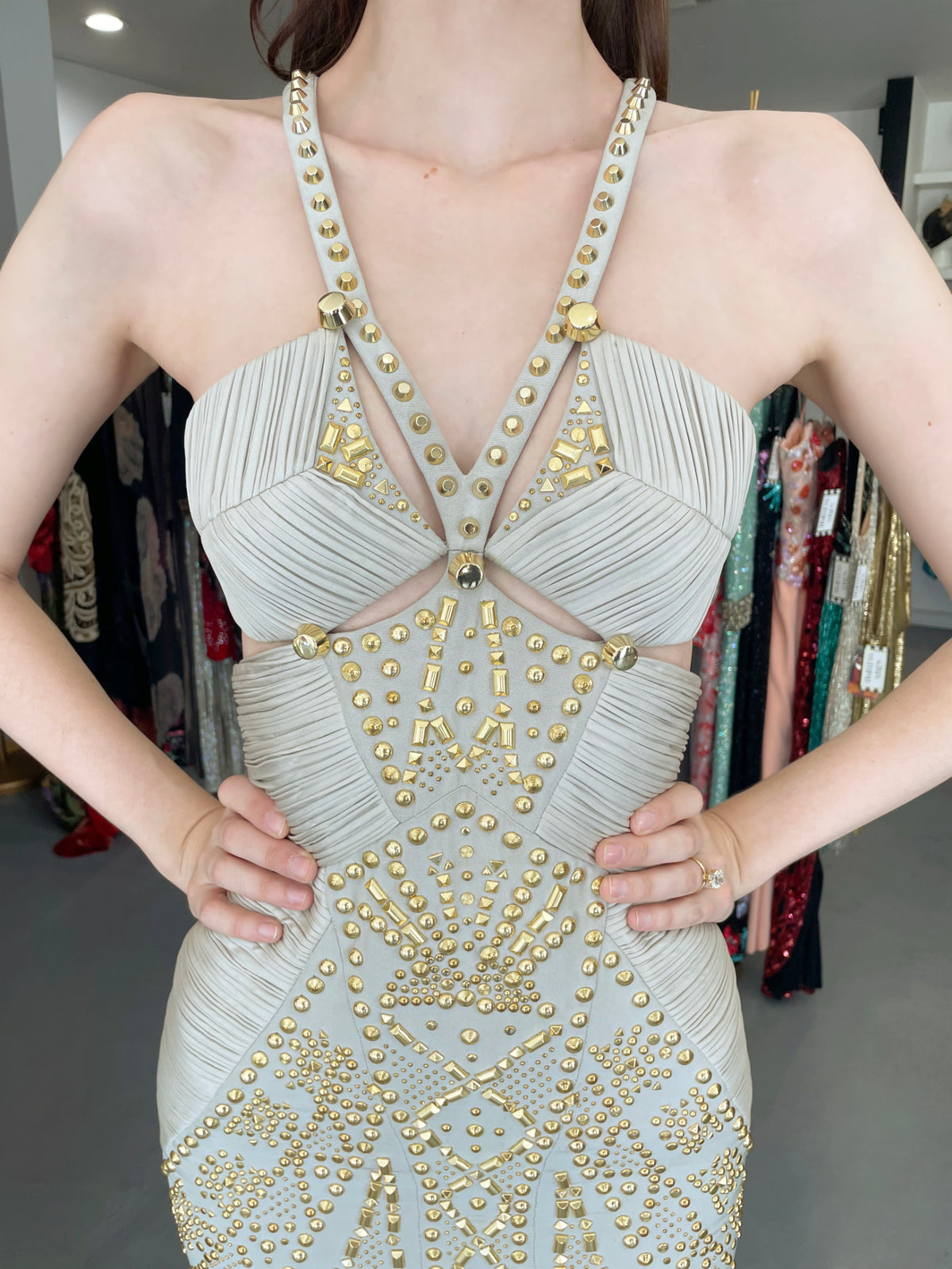 2012 Versace Runway Gold Studded Pale Dove Gray Silk Jersey Hourglass Gown