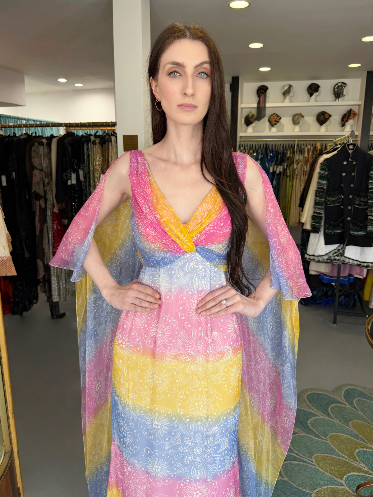 2008 Christian Dior by John Galliano Resort Collection Colorful Silk Draped Cape Goddess Gown