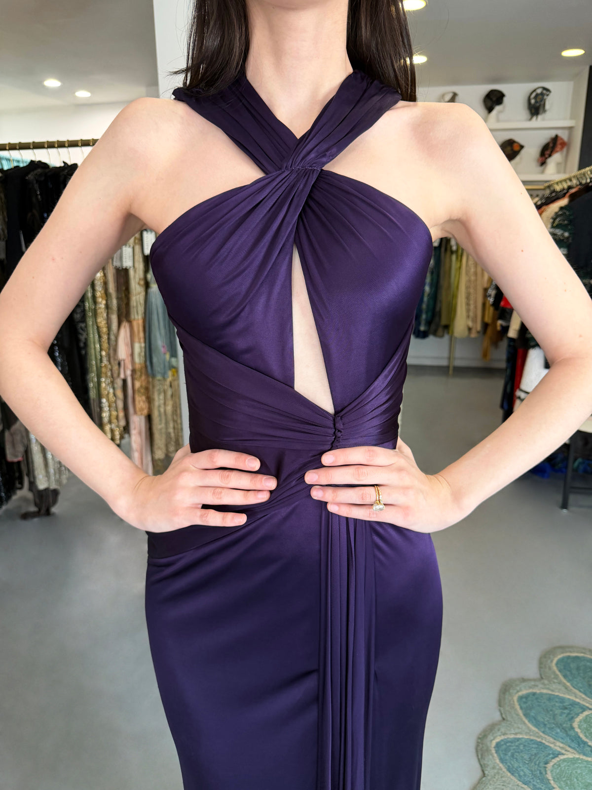 2013 Versace Runway Royal Purple Stretch Jersey Cut-Out High Slit Hourglass Gown