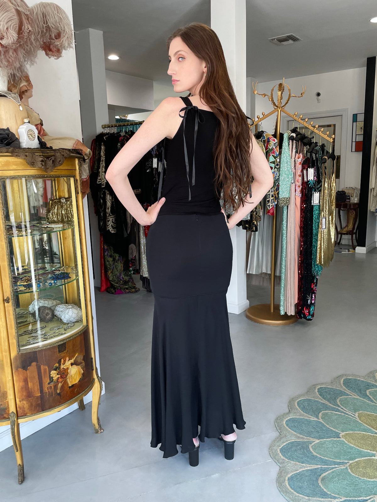 2004 Valentino Runway Black Silk Beaded Sheer Cut-Out Blouse &amp; Bias-Cut Skirt Set