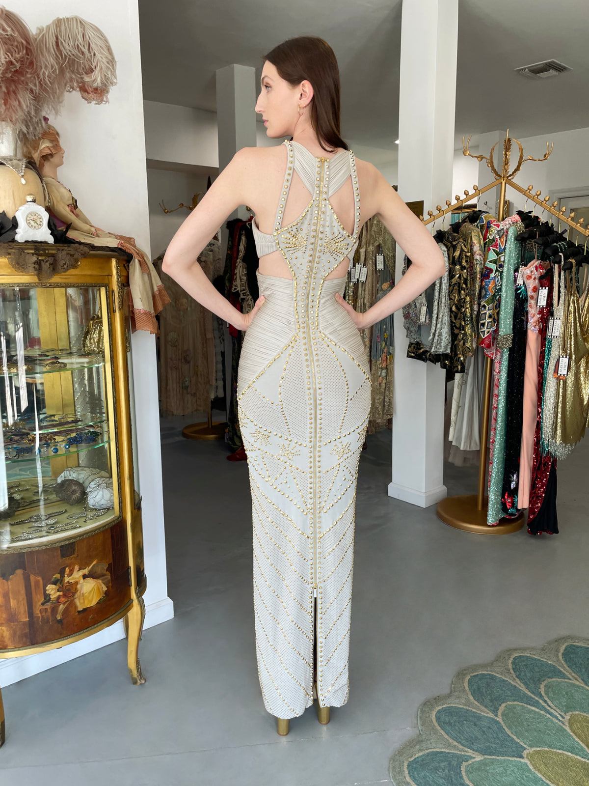 2012 Versace Runway Gold Studded Pale Dove Gray Silk Jersey Hourglass Gown