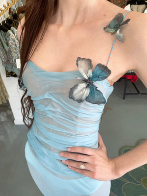 1998 Dolce & Gabbana 'Stromboli Collection' Hand-Painted Butterflies Blue Silk Corset Gown