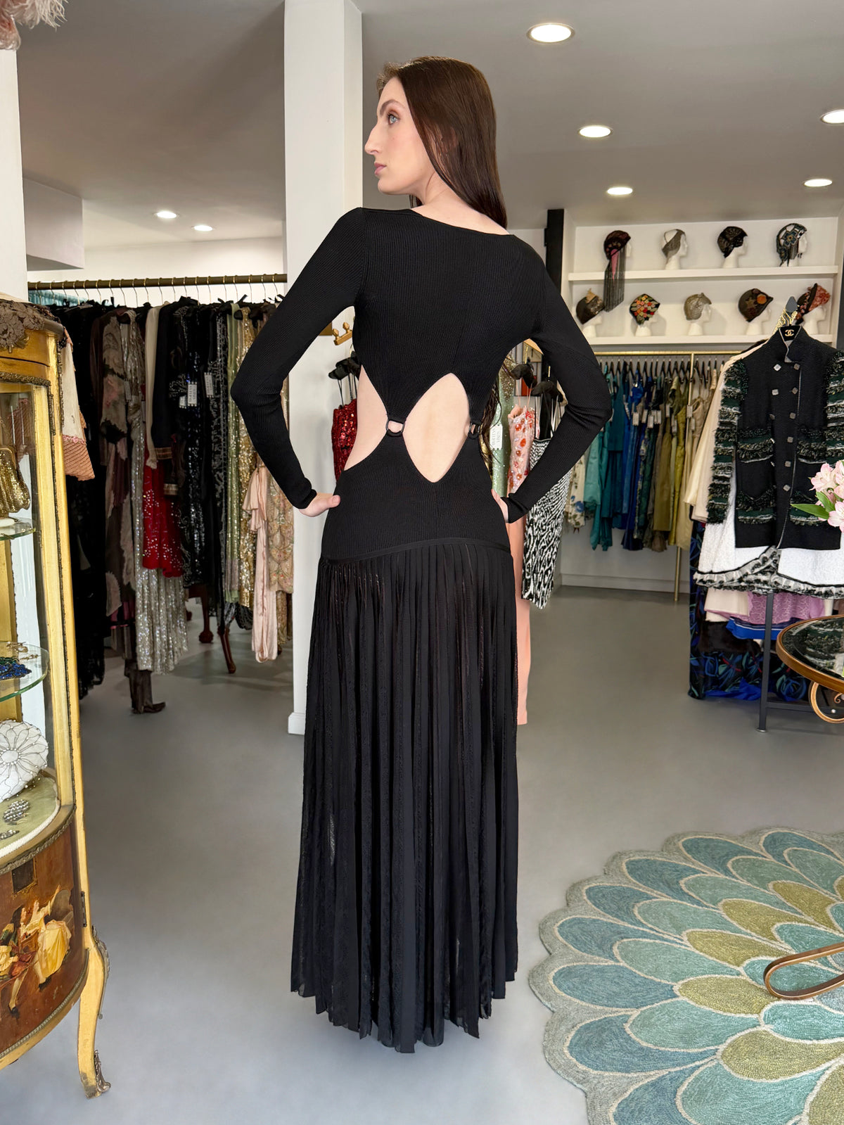 2018 Roberto Cavalli Runway Black Stretch Knit Long Sleeve Cut-Out High Slit Maxi Dress