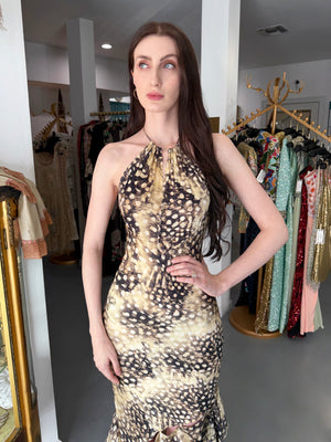 2004 Roberto Cavalli Feather Print Silk Halter Cut-Out Tiered Ruffle Bias-Cut Gown