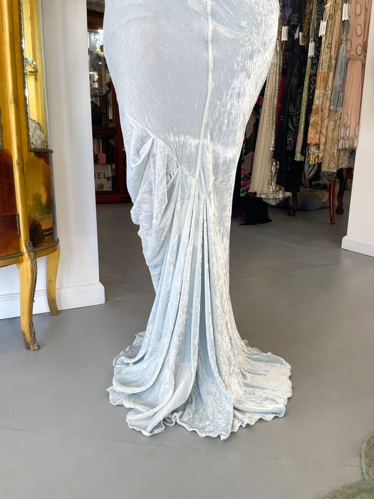 2006 Christian Dior by John Galliano Ice Blue Silk Velvet Asymmetric Draped Bias-Cut Gown