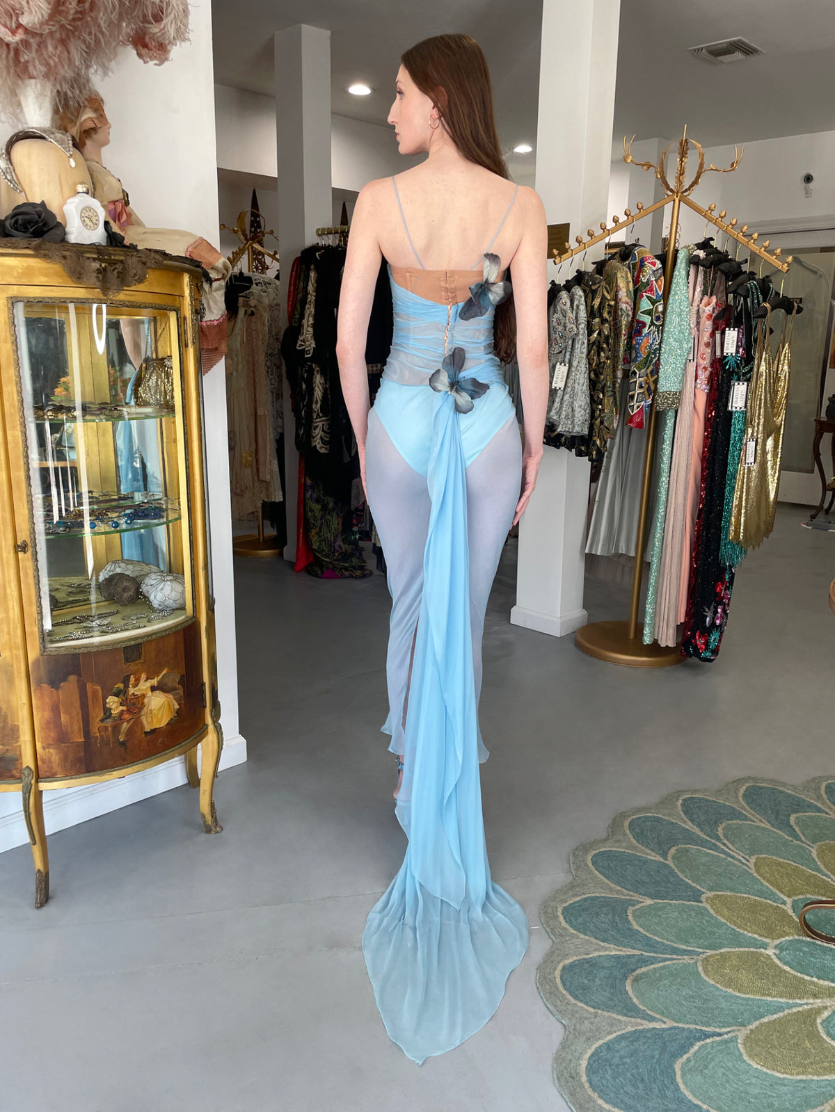 1998 Dolce &amp; Gabbana &#39;Stromboli Collection&#39; Hand-Painted Butterflies Blue Silk Corset Gown