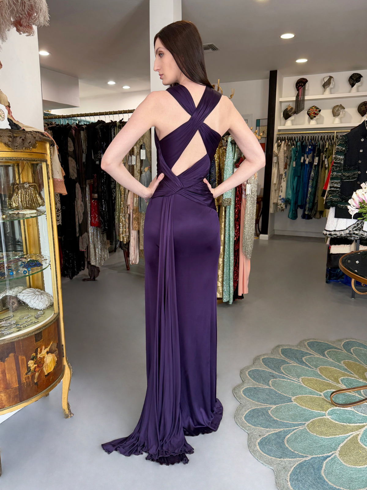 2013 Versace Runway Royal Purple Stretch Jersey Cut-Out High Slit Hourglass Gown