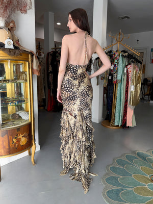 2004 Roberto Cavalli Feather Print Silk Halter Cut-Out Tiered Ruffle Bias-Cut Gown