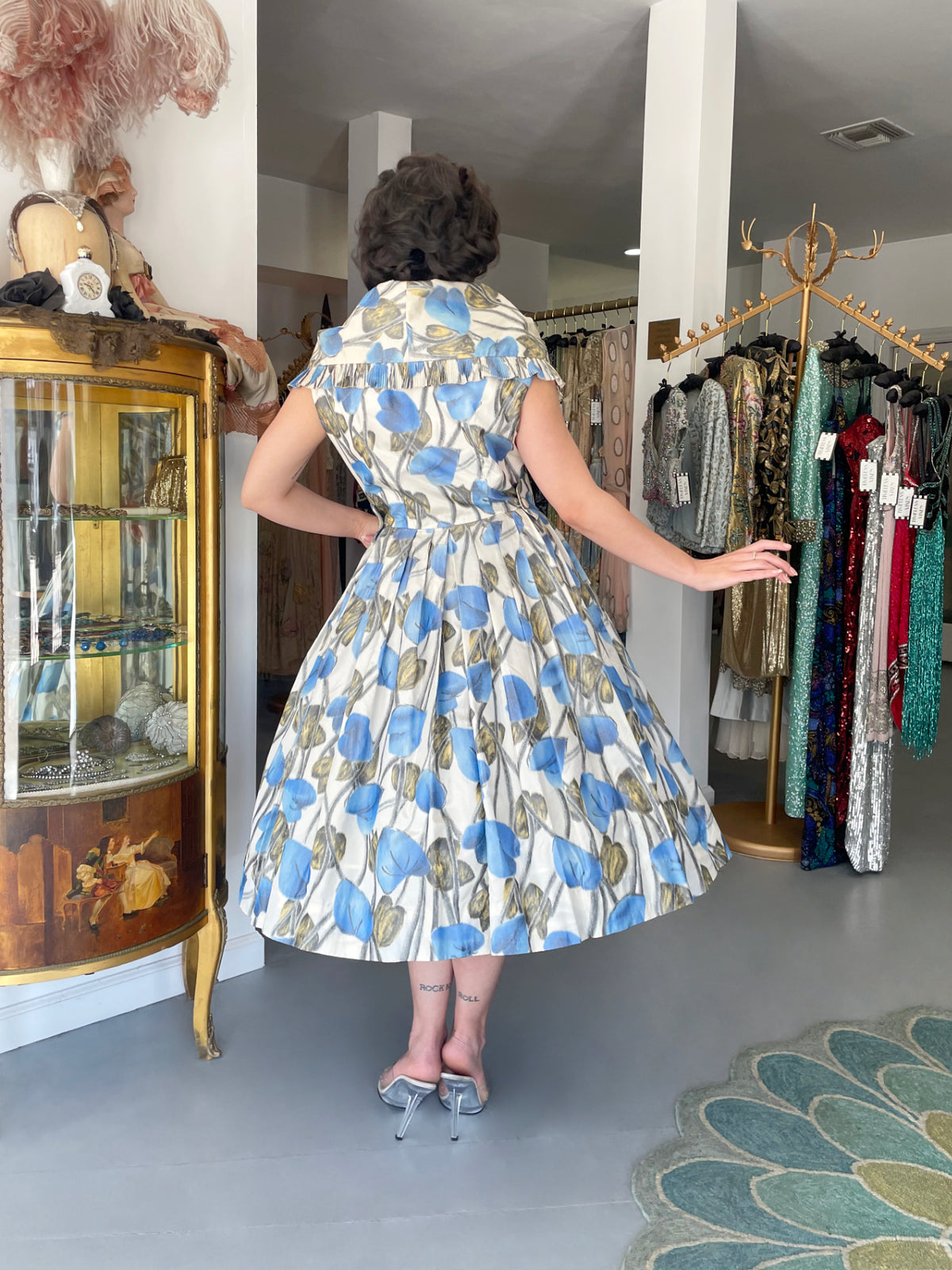 1956 Christian Dior Couture Blue Floral Silk Portrait Collar New Look Dress