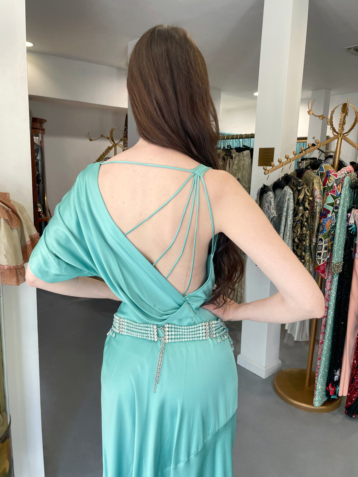 2011 John Galliano Sculpted Tiffany-Blue Silk Asymmetric Draped Goddess Gown