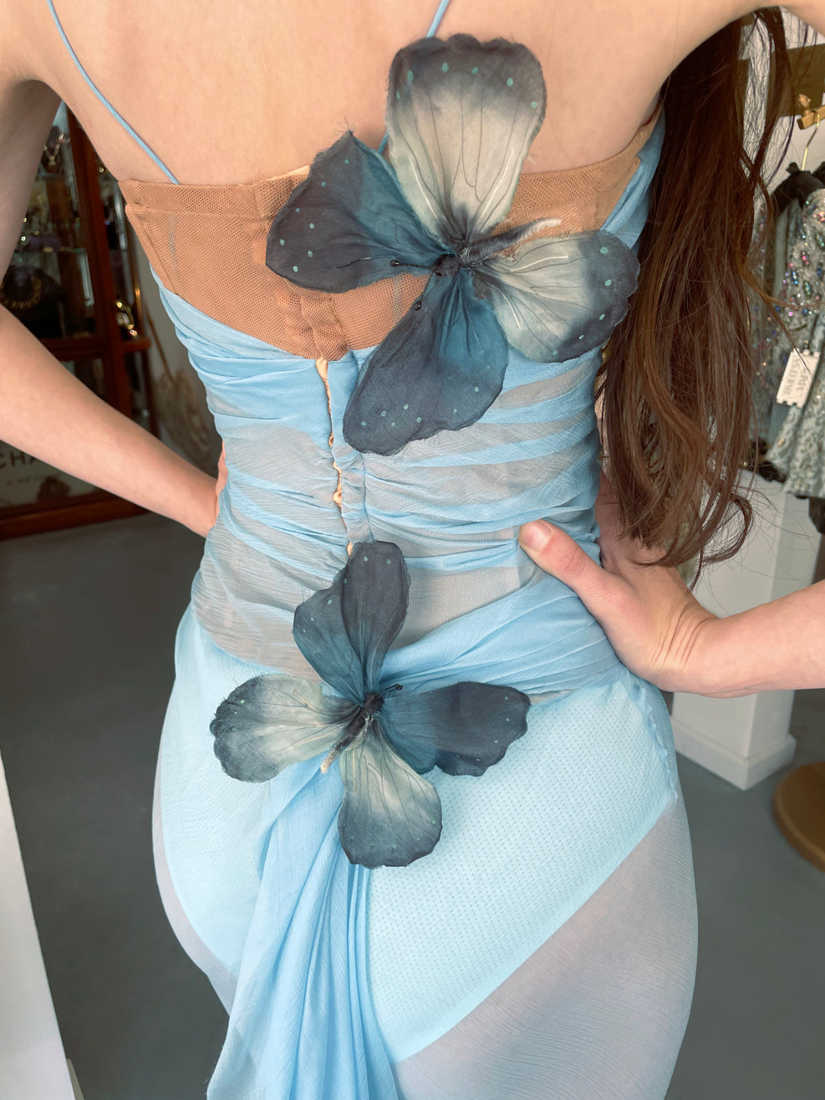 1998 Dolce &amp; Gabbana &#39;Stromboli Collection&#39; Hand-Painted Butterflies Blue Silk Corset Gown