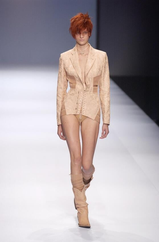 2004 Jean Paul Gaultier Runway Embroidered Blush Pink Corset Jacket & Matching Skirt