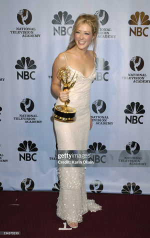 2004 Randi Rahm Couture Embroidered Metallic Ivory Lace Appliqué Trained Slip Gown