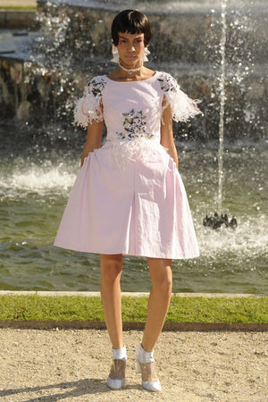 2013 Chanel by Karl Lagerfeld Runway Sample Pink Linen Floral Appliqué & Feathers Dress
