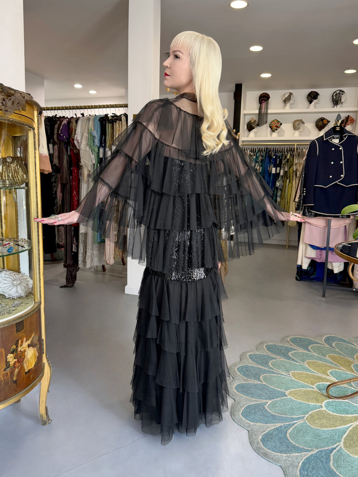 1978 Loris Azzaro Couture Black Sequin Strapless Tiered-Ruffle Gown & Sheer Capelet