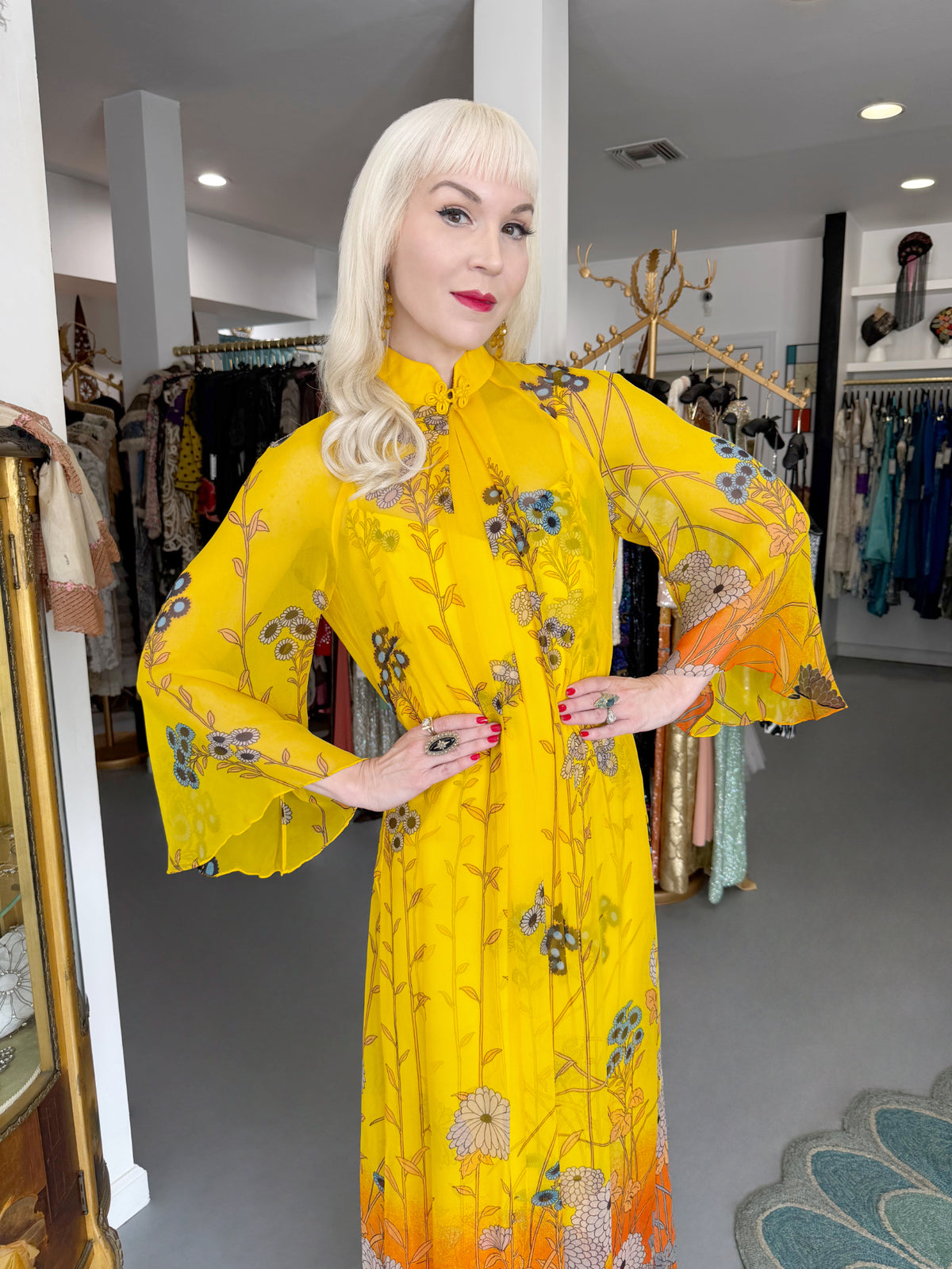 1972 Hanae Mori Couture Vogue Editorial Sunset Ombrè Floral Silk Gown & Matching Sheer Jacket