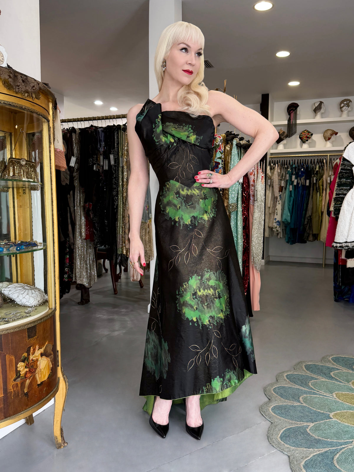 1950 Irene Lentz Couture Metallic Green & Black Floral Silk Sculpted Bustier High-Low Gown