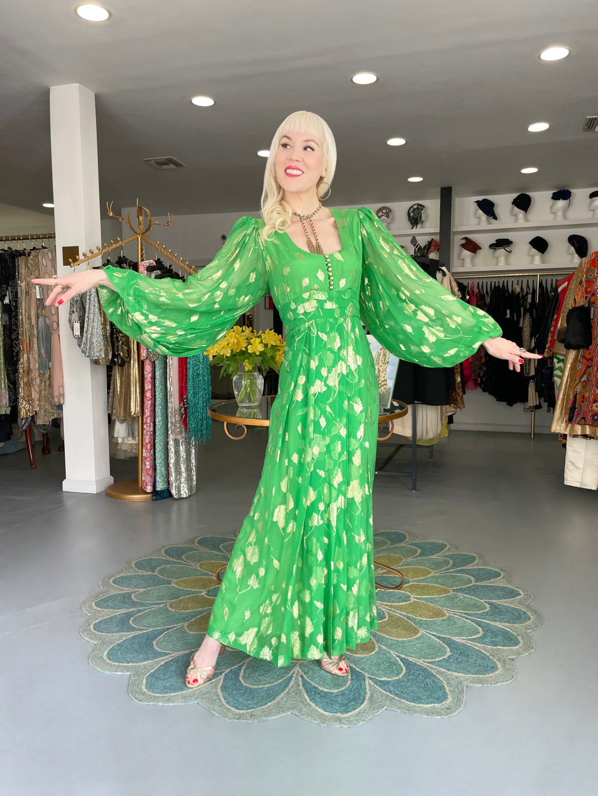 1974 Thea Porter Couture Metallic Green Sheer Silk Billow-Sleeve Maxi Dress