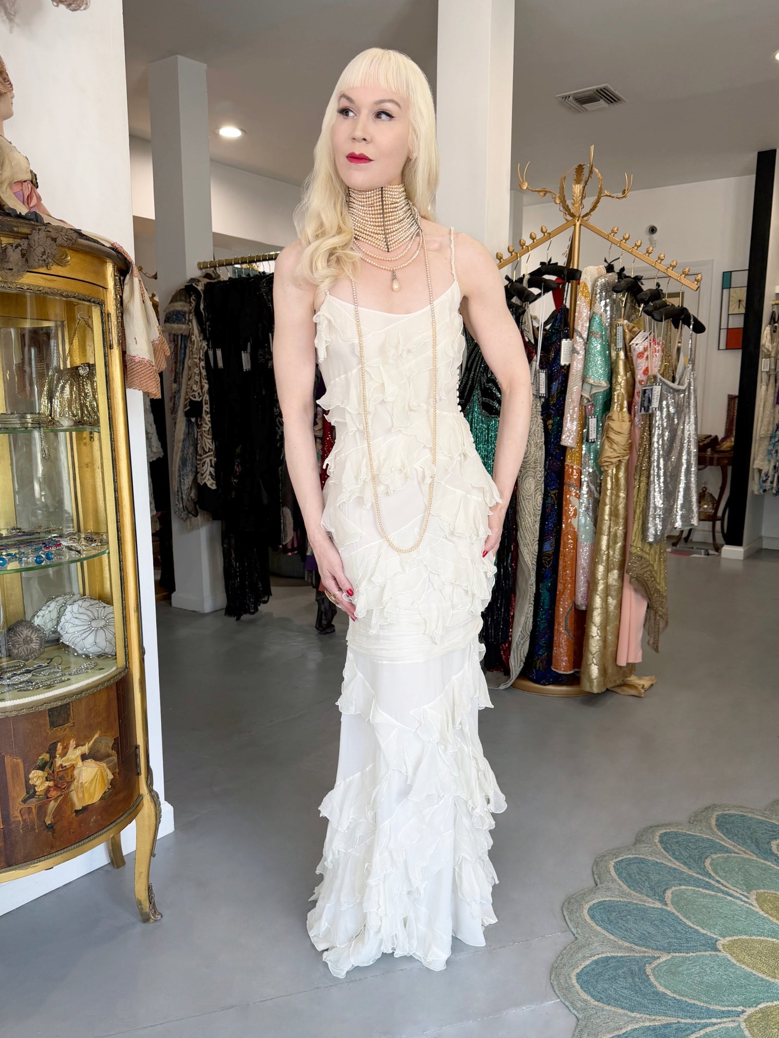 2006 John Galliano Ivory Tiered Ruffle Sheer Silk Chiffon Pearl Straps Bias-Cut Slip Gown