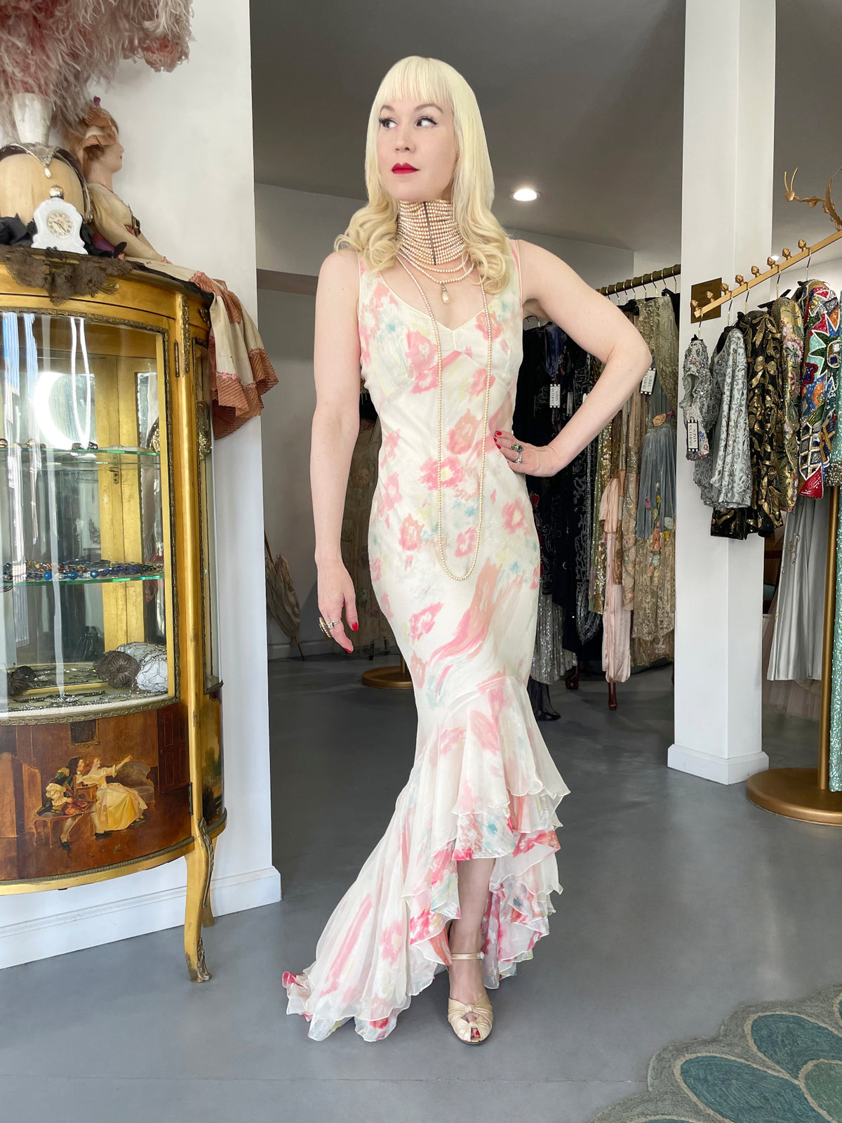 2008 John Galliano &#39;Grey Gardens&#39; Collection Floral Silk High Low Bias-Cut Gown