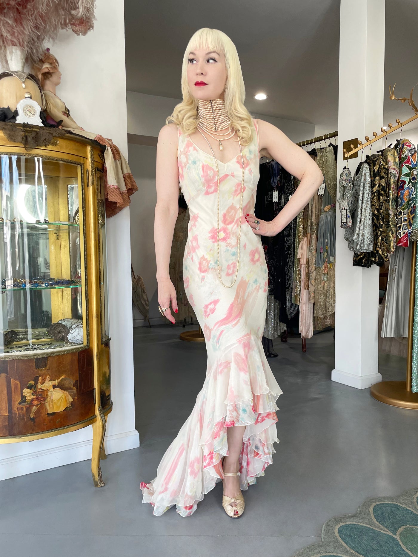 2008 John Galliano 'Grey Gardens' Collection Floral Silk High Low Bias-Cut Gown