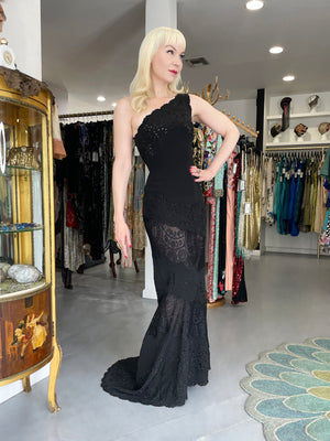 1998 Valentino Runway Black Beaded Cut-Out Silk & Sheer Lace Bias-Cut Gown