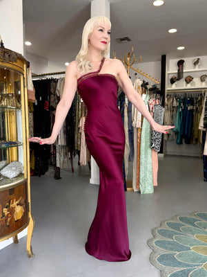 2001 Christian Dior by John Galliano Wine-Red Silk Snakeskin Zippers High Slit Bias-Cut Gown