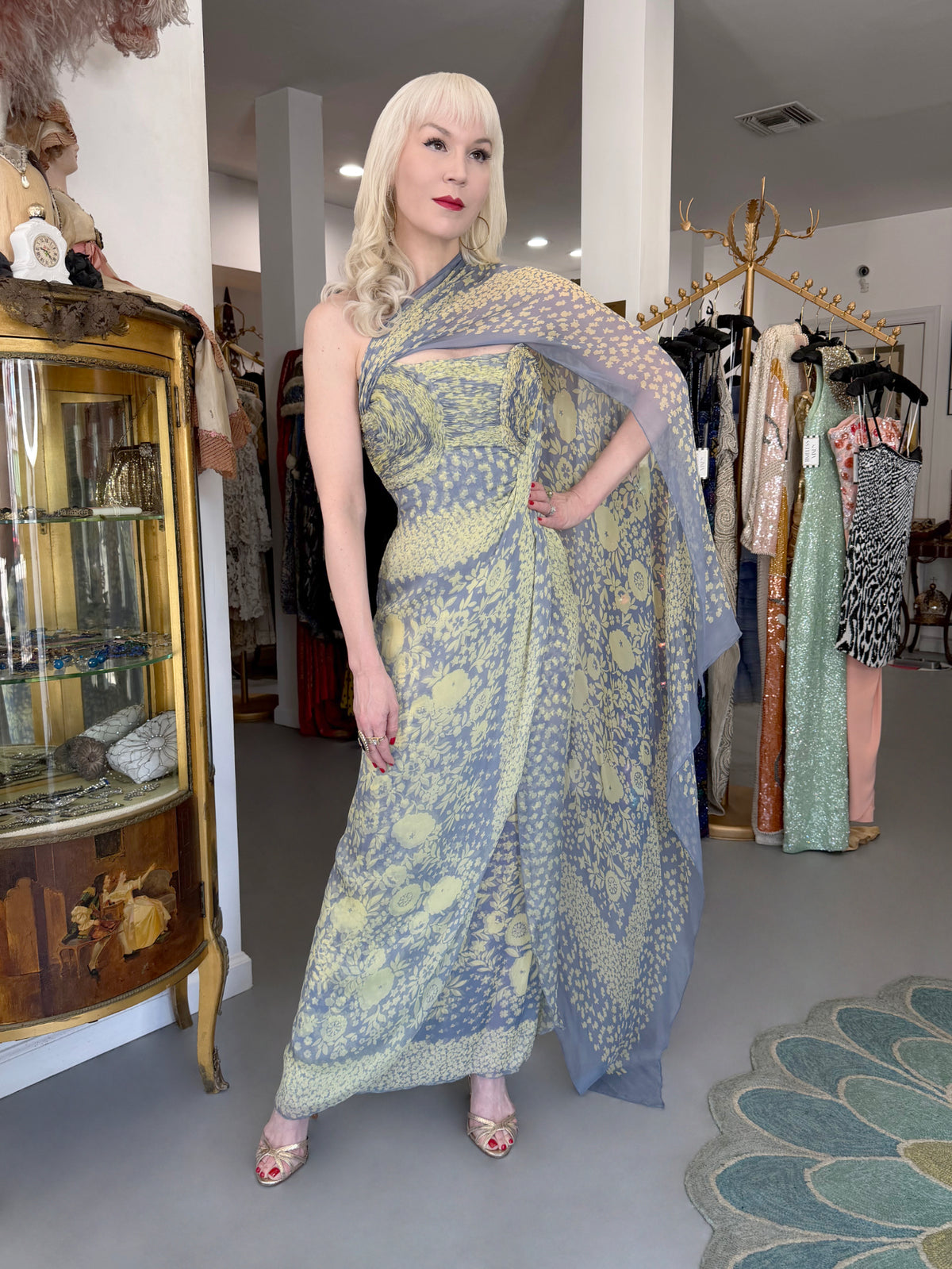 1995 Valentino Runway Periwinkle & Yellow Floral Print Silk Ruched Strapless Draped Gown