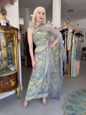 1995 Valentino Runway Periwinkle & Yellow Floral Print Silk Ruched Strapless Draped Gown
