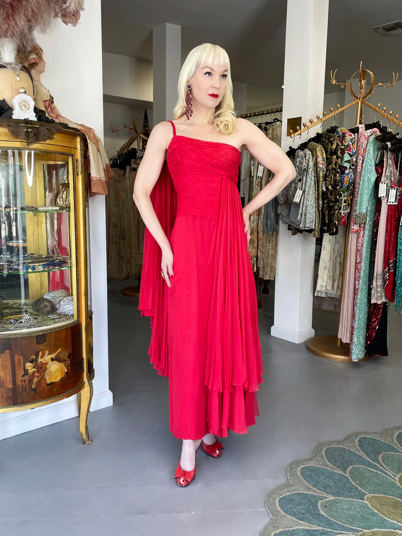 1960's Martha Weathered Couture Ruby-Red Pleated Silk Draped Goddess Gown