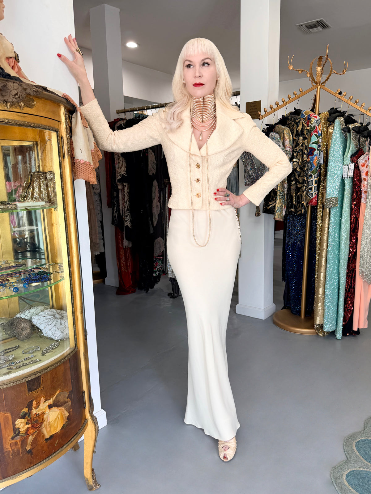 1998 John Galliano 'Haut Bohème' Collection Ivory Fitted Textural Jacket & Bias-Cut Maxi Skirt Set